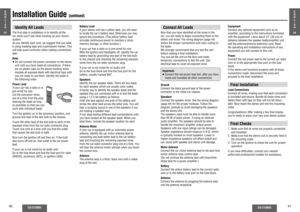 Page 1740
CQ-C1300U
CQ-C1300U
41
Equipment
Connect any optional equipment such as an 
ampliﬁ er, according to the instructions furnished 
with the equipment. Leave about 12q (30 cm) of 
distance between the speaker leads/ampliﬁ er unit 
and the antenna/antenna extension cord. Read 
the operating and installation instructions of any 
equipment you will connect to this unit.
Power 
Connect the red power lead to the correct car radio 
wire or to the appropriate fuse port on the fuse 
block.
If the stereo unit...