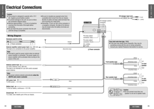 Page 1944
CQ-C1300U
CQ-C1300U
45
+
-+
-+
-+
-
FRONT SPREAR SP
ACC
BATTERY 15 A
CD.C-IN
LR
CQ-C1300U
Electrical ConnectionsCaution:
≥ This product is designed to operate with a 12 V 
DC, negative ground battery system.
≥ To prevent damage to the unit, be sure to follow 
the connection diagram below.
≥ Remove approximately 
1/4q (5 mm) of protective 
covering from the ends of the leads before 
connecting.
≥ Do not insert the power connector into the unit 
until the wiring is completed.≥ Be sure to insulate any...