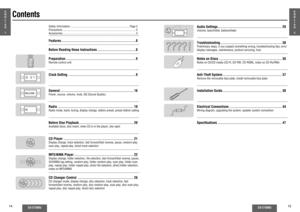 Page 414
CQ-C1300U
CQ-C1300U
15
E
N
G
L
I
S
H
1
Contents
E
N
G
L
I
S
H
2
Audio Settings ....................................................... 28Volume, bass/treble, balance/faderTroubleshooting..................................................... 30 Preliminary steps, if you suspect something wrong, troubleshooting tips, error 
display messages, maintenance, product servicing, fuseNotes on Discs ...................................................... 36Notes on CD/CD media (CD-R, CD-RW, CD-ROM), notes on...