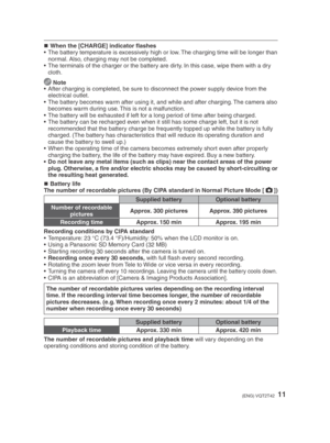 Page 1111(ENG) VQT2T42
When the [CHARGE] indicator ﬂ ashes
•  The battery temperature is excessively high or low. The charging time will be longer than  normal. Also, charging may not be completed.
•  The terminals of the charger or the battery are dirty. In this case, wipe them with a dry  cloth.
 Note
•  After charging is completed, be sure to disconnect the power supply device from the 
electrical outlet.
•  The battery becomes warm after using it, and while and after charging. The camera also  becomes warm...