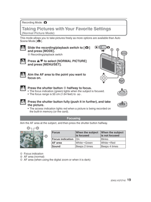 Page 1919(ENG) VQT2T42
Taking Pictures with Your Favorite Settings 
(Normal Picture Mode)
Recording Mode: 1
This mode allows you to take pictures freely as more options are available than Auto 
Scene Mode [ ;
].
MODE
1  Slide the recording/playback switch to [1] 
and press [MODE].
A  Recording/playback switch
2 Press 
e/
r  to select [NORMAL PICTURE] 
and press [MENU/SET].
3  Aim the AF area to the point you want to  focus on.
4 Press the shutter button  B halfway to focus.•  The focus indication (green) lights...