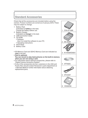 Page 88VQT2T42 (ENG)
1 CGA-S/106B
4 VFF0625  3 K1HA08AD00016 VGQ0D56
2 DE-A59B
5 VFC4297 
Check that all the accessories are included before using the 
camera. Product numbers are correct as of January 2010. These 
may be subject to change.
1 Battery Pack
 (Indicated as  battery in the text)
  Charge the battery before use.
2 Battery Charger
 (Indicated as  charger in the text)
3  USB Connection Cable
4 CD-ROM • Software:
  Use it to install the software to your PC.
• Operating Instructions
5 Hand Strap
6...