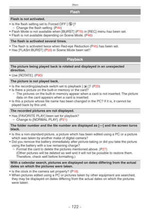 Page 122
Others
- 1  -

Flash
Flash is not activated.
•  Is the flash setting set to Forced OFF [o]?→   Change the flash setting. (P44)• Flash Mode is not available when [BURST] (P76) in [REC] menu has been set.
•
 
Flash is not available depending on Scene Mode. (P46)
The flash is activated several times.
• The flash is activated twice when Red-eye Reduction (P45) has been set.•   Has [FLASH BURST] (P59) in Scene Mode been set?
Playback
The picture being played back is rotated and displayed in an...