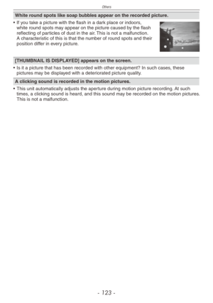 Page 123
Others
- 1  -

White round spots like soap bubbles appear on the recorded picture.
•  If you take a picture with the flash in a dark place or indoors, white round spots may appear on the picture caused by the flash reflecting of particles of dust in the air. This is not a malfunction. A characteristic of this is that the number of round spots and their position differ in every picture.
[THUMBNAIL IS DISPLAYED] appears on the screen.
• Is it a picture that has been recorded with other...