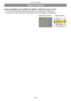 Page 43
Advanced-Shooting
-   -

Display in large size
Select [LARGE] in the [DISPLAY SIZE] in [SETUP] menu. (P25)• In the Recording Mode, Recording Mode icon is displayed in large size.
•
 
In the menu screen, the items you selected will be displayed in large size.
Recording ScreenMenu Screen 