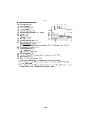 Page 108Others
- 108 -
∫In recording (after settings)
14 Macro Mode  (P48)
15 White Balance  (P72)
16 ISO sensitivity (P71)
17 Colour Mode  (P77)
18 Recording Quality  (P63)
19 Available recording time  (P62):
20 Name
¢ 2 (P56)
21 Age¢ 2 (P56)
Location¢ 3 (P65)
22 Travel Date  (P65)
23 Elapsed recording time  (P62)
24 Current date and time/ “: Travel 
destination setting
¢ 3 (P68)
: Zoom/Extra Optical Zoom  (P35)/Digital Zoom  (P35, 76)
25 Exposure compensation  (P50)
26 High Angle Mode  (P24)
… : Power LCD...