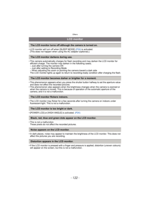 Page 122Others
- 122 -
• LCD monitor will turn off when [SLEEP MODE] (P24) is activated.
[This does not happen when using the AC adaptor (optional).]
• This camera automatically charges for flash recording and may darken the LCD monitor for  efficient charge. The monitor may darken in the following cases;
– Just after turning the camera ON
– Just after setting to Recording Mode
– When adjusting the zoom or pointing the camera toward a dark side
The LCD monitor lights up again to return to recording-ready...