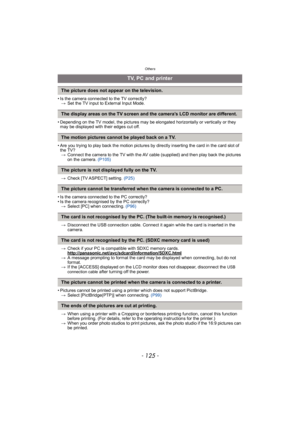 Page 125- 125 -
Others
• Is the camera connected to the TV correctly?> Set the TV input to External Input Mode.
• Depending on the TV model, the pictures may be elongated horizontally or vertically or they  may be displayed with their edges cut off.
• Are you trying to play back the motion pictures by directly inserting the card in the card slot of  the TV?> Connect the camera to the TV with the AV cable (supplied) and then play back the pictures 
on the camera. (P105)
> Check [TV ASPECT] setting.  (P25)
• Is...