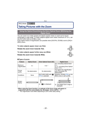 Page 35- 35 -
Basic
[REC] Mode: ·¿n
Taking Pictures with the Zoom
You can zoom-in to make people and objects appear closer or zoom-out to record 
landscapes in wide angle. To make subjects appear even closer (maximum of 7.8k), set 
the 
[PICTURE SIZE] to (8 MB) or less.
Even higher levels of magnification are possible when [DIGITAL ZOOM] is set to [ON] in 
[REC] menu.
∫ Types of zooms
• When using the Zoom function, an estimate of the focus range will appear in 
conjunction with the zoom display bar. [Example:...