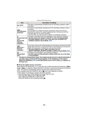 Page 44Advanced (Recording pictures)
- 44 -
¢The flash is activated three times. The subject should not move until the third flash is 
activated. Interval until the third flash depends on the brightness of the subject.
[RED-EYE REMOVAL]  (P78) on the [REC] Mode menu is set to [ON], [ ] appears on 
the flash icon.
∫ About the digital red-eye correction
When [RED-EYE REMOVAL]  (P78) has been set to [ON] and Red-Eye Reduction ([ ], 
[ ], [ ]) is selected, Digital Red-Eye Correction is performed whenever the flash...