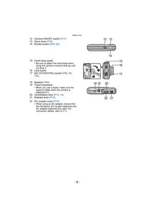 Page 8Before Use
- 8 -
12 Camera ON/OFF switch (P17)
13 Zoom lever  (P35)
14 Shutter button (P29 , 62)
15 Hand strap eyelet
• Be sure to attach the hand strap when  using the camera to ensure that you will 
not drop it.
16 Lens barrel
17 [AV OUT/DIGITAL] socket  (P96, 99 , 
105)
18 Speaker  (P84)
19 Tripod receptacle
• When you use a tripod, make sure the  tripod is stable when the camera is 
attached to it.
20 Card/Battery door  (P13, 14)
21 Release lever  (P13)
22 DC coupler cover  (P14)
• When using an AC...