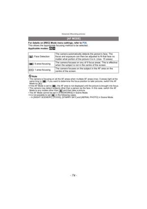Page 74Advanced (Recording pictures)
- 74 -
For details on [REC] Mode menu settings, refer to P20.
This allows the appropriate focusing method to be selected.
Applicable modes: 
·¿
Note• The camera is focusing on all the AF areas when multiple AF areas (max. 9 areas) light at the  same time in [ ]. If you want to determine the focus position to take pictures, switch the AF 
Mode to [ Ø].
• If the AF Mode is set to [ ], the AF area is not displayed until the picture is brought into focus.
• The camera may detect...