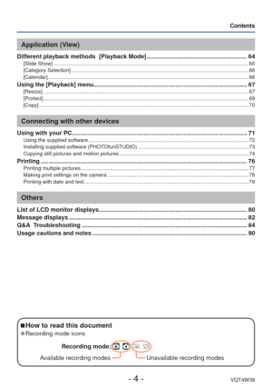 Page 4- 4 -VQT4W38
 
Contents
 
■How to read this document
 
●Recording mode icons
Recording mode: 
      
Available recording modes Unavailable recording modes
Application (View)
Different playback methods  [Playback Mode] ............................................................ 64[Slide Show] ........................................................................\
.............................................................. 65
[Category Selection]...