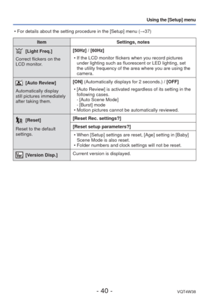 Page 40- 40 -VQT4W38
Using the [Setup] menu
ItemSettings, notes
 [Light Freq.]
Correct flickers on the 
LCD monitor. [50Hz] / [60Hz]
 • If the LCD monitor flickers when you record pictures under lighting such as fluorescent or LED lighting, set 
the utility frequency of the area where you are using the 
camera.
[Auto Review]
Automatically display 
still pictures immediately 
after taking them. [ON] (Automatically displays for 2 seconds.)
 / [OFF]
 • [Auto Review] is activated regardless of its setting in the...