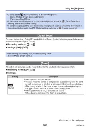 Page 60- 60 -VQT4W38
Using the [Rec] menu
 
●Cannot set to  (Face Detection) in the following case:
 • Scene Modes ([Night Scenery] [Food])
 • [Panorama Shot] Mode
 
●If the camera misinterprets a non-human subject as a face in  (Face Detection) 
setting, switch to another setting.
 
●If conditions prevent the face from being recognized, such as when the m\
ovement of 
the subject is too rapid, the [AF Mode] setting switches to  (9-area-focusing).
 [Digital Zoom]
Zoom 4x further than Optical/Extended Optical...