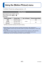 Page 63- 63 -VQT4W38
 
Using the [Motion Picture] menu
 [Rec Quality] 
Set the picture size of motion pictures.
 
■Recording mode:    
 
■Settings:
Picture Quality Picture Size No. of Frames Picture Aspect Ratio
[HD] 1280x720 pixels
30 fps16:9
[VGA] 640x480 pixels
4:3
[QVGA] ∗
320x240 pixels
∗
 [QVGA] is fixed when recording to the built-in memory.  
 
●Depending on the motion picture recording environment, static electricit\
y or 
electromagnetic waves may cause the screen to go black momentarily or no\
ise to...