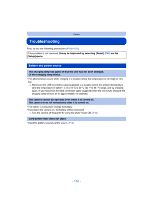 Page 116- 116 -
Others
Troubleshooting
First, try out the following procedures (P116–125).
•
This phenomenon occurs when charging in a location where the temperature is very high or very 
low. > Reconnect the USB connection cable (supplied) in a location where the ambient temperature 
(and the temperature of battery) is in a 10 oC to 30 oC (50 o F to 86  oF)  range, and try charging 
again. [If you reconnect the USB connection cable (supplied) when the unit is fully charged, the 
charging lamp will turn on for...