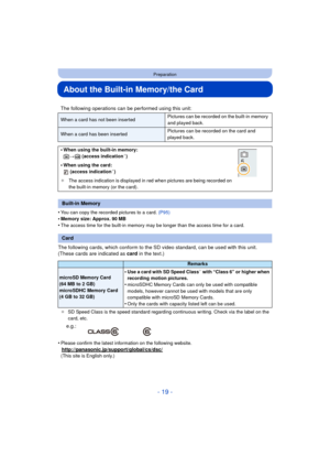 Page 19- 19 -
Preparation
About the Built-in Memory/the Card
•You can copy the recorded pictures to a card. (P95)•Memory size: Approx. 90 MB
•The access time for the built-in memory may be longer than the access time for a card.
The following cards, which conform to the SD video standard, can be used with this unit.
(These cards are indicated as card in the text.)
¢SD Speed Class is the speed standard regarding continuous writing. Check via the label on the 
card, etc.
•Please confirm the latest information on...