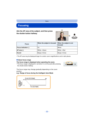 Page 30- 30 -
Basic
Focusing
Aim the AF area at the subject, and then press 
the shutter button halfway.
•The AF area may be displayed larger for certain zoom magnifications and in dark places.
∫About focus range
The focus range is displayed when operating the zoom.
•
The focus range is displayed in red when it is not focused after pressing 
the shutter button halfway.
The focus range may change gradually depending on the zoom 
position.
e.g.: Range of focus during the Intelligent Auto Mode
FocusWhen the...