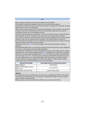 Page 33- 33 -
Basic
•When recording to the built-in memory, [Rec Quality] is fixed to [QVGA].•The available recording time displayed on the screen may not decrease regularly.•Depending on the type of the card, the card access indication may appear for a while after recording 
motion pictures. This is not a malfunction.
•When motion pictures recorded with the camera are played back on other equipment, the quality of 
the picture and sound may deteriorate and it may not be possible to play them back. Also the...