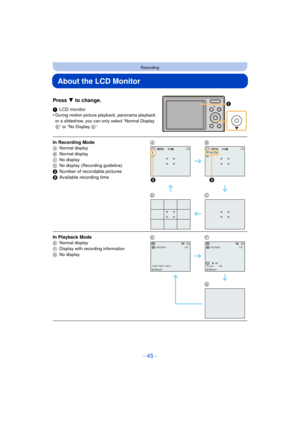Page 45- 45 -
Recording
About the LCD Monitor
Press 4 to change.
1LCD monitor
•During motion picture playback, panorama playback 
or a slideshow, you can only select “Normal Display 
E” or “No Display  G”.
In Recording ModeA Normal display
B Normal display
C No display
D No display (Recording guideline)
2Number of recordable pictures
3 Available recording time AB
DC
In Playback Mode
E Normal display
F Display with recording information
G No displayEF
G
5MJPEGQVGA
2
R1m10sMJPEGQVGA
3
100-00011/5
10:00...