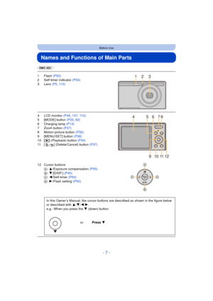 Page 7- 7 -
Before Use
Names and Functions of Main Parts
(DMC-XS1)
1Flash (P50)
2 Self-timer indicator  (P54)
3 Lens  (P5, 110)
4 LCD monitor  (P45, 107 , 110)
5 [MODE] button  (P25, 82)
6 Charging lamp (P13)
7 Zoom button (P47)
8 Motion picture button  (P32)
9 [MENU/SET] button (P38)
10 [ (] (Playback) button  (P34)
11 [ ] (Delete/Cancel) button (P37)
12 Cursor buttons A: 3/Exposure compensation  (P55)
B : 4/[DISP.]  (P45)
C : 2/Self-timer  (P54)
D : 1/Flash setting  (P50)
In this Owner’s Manual, the cursor...