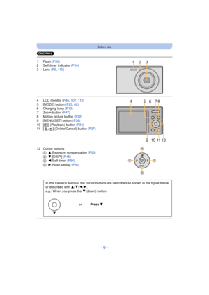 Page 9- 9 -
Before Use
(DMC-FH10)
1Flash (P50)
2 Self-timer indicator  (P54)
3 Lens  (P5, 110)
4 LCD monitor  (P45, 107 , 110)
5 [MODE] button  (P25, 82)
6 Charging lamp (P13)
7 Zoom button (P47)
8 Motion picture button  (P32)
9 [MENU/SET] button (P38)
10 [ (] (Playback) button  (P34)
11 [ ] (Delete/Cancel) button (P37)
12 Cursor buttons A: 3/Exposure compensation  (P55)
B : 4/[DISP.]  (P45)
C : 2/Self-timer  (P54)
D : 1/Flash setting  (P50)
In this Owner’s Manual, the cursor buttons  are described as shown in...