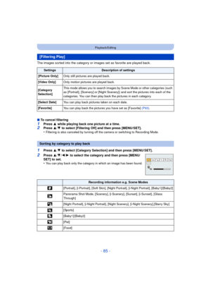 Page 85- 85 -
Playback/Editing
The images sorted into the category or images set as favorite are played back.
∫To cancel filtering
1Press  3 while playing back one picture at a time.2Press  3/4  to select [Filtering Off] and then press [MENU/SET].
•Filtering is also canceled by turning off the camera or switching to Recording Mode.
1Press  3/4  to select [Category Selection] and then press [MENU/SET].
2Press  3/4 /2/ 1 to select the category and then press [MENU/
SET] to set.
•
You can play back only the...