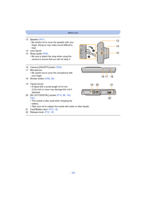 Page 10- 10 -
Before Use
13 Speaker (P41)
•Be careful not to cover the speaker with your 
finger. Doing so may make sound difficult to 
hear.
14 Lens barrel
15 Strap eyelet  (P24)
•
Be sure to attach the strap when using the 
camera to ensure that you will not drop it.
16 Camera [ON/OFF] button  (P22)
17 Microphone •
Be careful not to cover the microphone with 
your finger.
18 Shutter button  (P26, 29)
19 Tripod mount •
A tripod with a screw length of 5.5 mm 
(0.22 inch) or more may damage this unit if...