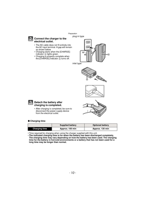 Page 10Preparation
- 10 -
∫Charging time
• Time required for charging when using the charger supplied with this unit.
• The indicated charging time is for when the battery has been discharged completely. 
The charging time may vary depending on how the battery has been used. The charging 
time for the battery in hot/cold environments or a battery that has not been used for a 
long time may be longer than normal.
Connect the charger to the 
electrical outlet.
• The AC cable does not fit entirely into  the AC...