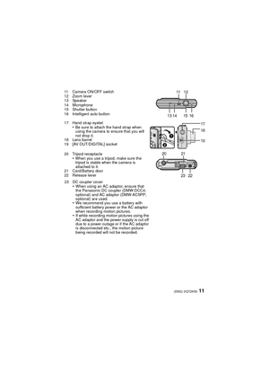Page 1111(ENG) VQT2K50
11 Camera ON/OFF switch
12 Zoom lever
13 Speaker
14 Microphone
15 Shutter button
16 Intelligent auto button
17 Hand strap eyelet
•Be sure to attach the hand strap when 
using the camera to ensure that you will 
not drop it.
18 Lens barrel
19 [AV OUT/DIGITAL] socket
20 Tripod receptacle
•When you use a tripod, make sure the 
tripod is stable when the camera is 
attached to it.
21 Card/Battery door
22 Release lever
23 DC coupler cover
•When using an AC adaptor, ensure that 
the Panasonic DC...