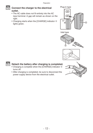 Page 12Preparation
- 12 -
Plug-in type
90°A
2 Connect the charger to the electrical 
outlet.
• The AC cable does not fit entirely into the AC 
input terminal. A gap will remain as shown on the 
right.
•
 
Charging star
 ts when the [CHARGE] indicator A 
lights green.
Inlet type
A
3 Detach the battery after charging is completed.
• Charging is complete when the [CHARGE] indicator  A 
turns off.
•
 
After charging is completed, be sure to disconnect the 
po

wer supply device from the electrical outlet. 