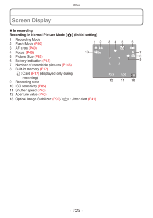 Page 125Others
- 125 -
„„In recording
Recording in Normal Picture Mode [1] (Initial setting)
6
14 M
F3.3 1/30
2 3 4
11127
85
13
10
9
16
,
1 Recording Mode
2  Flash Mode  (P50)
3
 
AF area 
 (P40)
4
 
F
 ocus (P40)
5
 
Picture Siz
 e (P83)
6
 
Batter
 y indication (P13)
7
 
Number of recordab
 le pictures (P146)
8
 
Built-in memor
 y (P17)
3:
 Card 

(P17) (displayed only during 
recording)
9
 
Recording state
10

 
ISO sensitivity 
 (P85)
11
 
Shutter speed 
 (P40)
12
 
Aper
 ture value (P40)
13...