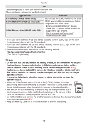 Page 18Preparation
- 18 -
Card
The following types of cards can be used with this unit.
(These cards are indicated as card in the text.)
Type of card Remarks
SD Memory Card (8 MB to 2 GB)
You can use an SDHC Memory Card or an 
SDXC Memory Card in equipment that is 
compatible with those cards.
•
 
Bef
 ore using SDXC Memory Cards, 
check your computer and other devices 
support this type of card. 
http://panasonic.net/avc/sdcard/
information/SDXC.html
SDHC Memory Card (4 GB to 32
 
GB)
SDXC Memory Card (48 GB...
