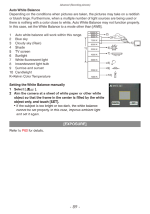 Page 89Advanced (Recording pictures)
- 89 -
Auto White Balance
Depending on the conditions when pictures are taken, the pictures may take on a reddish 
or bluish tinge. Furthermore, when a multiple number of light sources are being used or 
there is nothing with a color close to white, Auto White Balance may not function properly. 
In this case, set the White Balance to a mode other than [AWB].
1)
10000 K9000 K
8000 K
7000 K
6000 K
5000 K
4000 K
3000 K
2000 K
1000 K2)
4)
6)
7)
8)
9)
10)3) 5)1 Auto white balance...