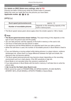 Page 90Advanced (Recording pictures)
- 90 -
[BURST]
For details on [REC] Mode menu settings, refer to P22.
Pictures are taken continuously while the shutter button is pressed.
Select the ones you really like from the pictures you have taken.
Applicable modes: 4 1 / 5
[OFF]/[&]
Burst speed (pictures/second)approx. 1.5
Number of recordable pictures Depends on the remaining capacity of the 
built-in memory/card.
•
 
The Burst speed v
 alues given above apply when the shutter speed is 1/60 or faster.
 Note
•
 
The...