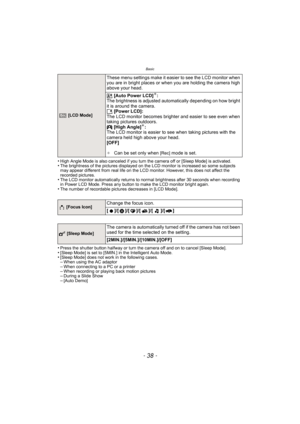 Page 38Basic
- 38 -
•High Angle Mode is also canceled if you turn the camera off or [Sleep Mode] is activated.•The brightness of the pictures displayed on the LCD monitor is increased so some subjects 
may appear different from real life on the LCD monitor. However, this does not affect the 
recorded pictures.
•The LCD monitor automatically returns to normal brightness after 30 seconds when recording 
in Power LCD Mode. Press any button to make the LCD monitor bright again.
•The number of recordable pictures...