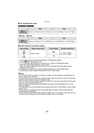 Page 50Recording
- 50 -
∫The available flash range
(DMC-FH25) (DMC-FH24) 
(DMC-FH5) (DMC-FH2) 
∫ Shutter speed for each flash setting
¢1The shutter speed changes depending on the [Stabilizer] setting.¢2 When [ ] in [Sensitivity] is set.•¢1, 2: The shutter speed becomes a maximum of 1 second in the following cases.–When the Optical Image Stabilizer is set to [OFF].–When the camera has determined that there is very little jitter when the Optical Image 
Stabilizer is set to [ON].
•In Intelligent Auto Mode, shutter...