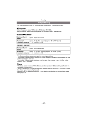 Page 63- 63 -
Recording
This is a convenient mode for shooting rapid movement or a decisive moment.
∫Picture size
Select the picture size of 3M (4:3), 2.5M (3:2) or 2M (16:9).
Still pictures are taken continuously wh ile the shutter button is pressed fully.
(DMC-FH25) (DMC-FH24) 
(DMC-FH5) (DMC-FH2) 
•
The Burst speed changes according to the recording conditions.•The number of Burst recording pictures are limited by the picture-taking conditions and the type 
and/or status of the card used.
•The number of...