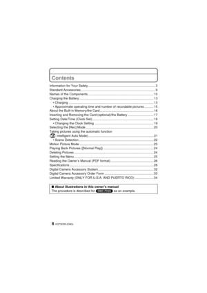 Page 8VQT3D29 (ENG)8
Contents
Information for Your Safety ........................................................................... 3
Standard Accessories ................................................................................... 9
Names of the Components ......................................................................... 10
Charging the Battery ................................................................................... 13• Charging...