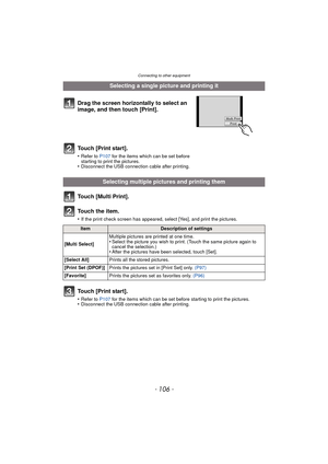 Page 106Connecting to other equipment
- 106 -
Touch [Multi Print].
To u c h  t h e  i t e m .
•If the print check screen has appeared, select [Yes], and print the pictures.
Touch [Print start].
•Refer to P107 for the items which can be set before starting to print the pictures.•Disconnect the USB connecti on cable after printing.
Selecting a single picture and printing it
Drag the screen horizontally to select an 
image, and then touch [Print].
Touch [Print start].
•Refer to  P107 for the items which can be set...