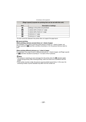 Page 109- 109 -
Connecting to other equipment
•An item cannot be selected if the printer does not support the page layout.
∫Layout printing
When printing a picture several times on 1 sheet of paper
For example, if you want to print the same picture 4 times on 1 sheet of paper, set 
[Page Layout] to [ ä] and then set [Num.of prints] to 4 for the picture that you want to 
print.
When printing different pictures on 1 sheet of paper
For example, if you want to print 4 different pictures on 1 sheet of paper, set...