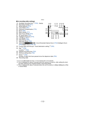 Page 113- 113 -
Others
∫In recording (after settings)
19 Available recording time¢ 2 (P30) :
20 Recording Quality  (P71)
21 White Balance  (P73)
22 Color Mode  (P81)
23 Exposure compensation  (P78)
24 Burst  (P80)
25 Macro Mode  (P77)
26 Auto Focus Mode  (P75)
27 AF assist lamp (P82)
28 Intelligent Exposure  (P79)
29 LCD Mode  (P37)
30 Date Stamp  (P83)
31 Self-timer Mode  (P69)
32 : Zoom/Extended Optical Zoom (P43)/Intelligent Zoom 
(P43) /Digital Zoom  (P43, 79)
33 Current date and time/ “: Travel destination...