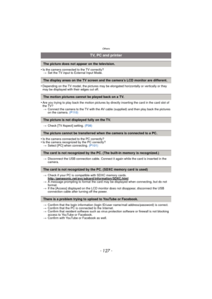 Page 127- 127 -
Others
•Is the camera connected to the TV correctly?> Set the TV input to External Input Mode.
•Depending on the TV model, the pictures may be  elongated horizontally or vertically or they 
may be displayed with their edges cut off.
•Are you trying to play back the motion pictures by directly inserting the card in the card slot of 
the TV? > Connect the camera to the TV with the AV cable (supplied) and then play back the pictures 
on the camera.  (P110)
> Check [TV Aspect] setting.  (P38)
•Is the...