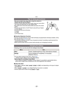 Page 22Basic
- 22 -
•Be sure to attach the strap when using the camera to 
ensure that you will not drop it.
•Hold the camera gently with both hands, keep your arms still at 
your side and stand with your feet slightly apart.
•Be careful not to move the camera when you press the shutter 
button.
•Do not cover the flash or the AF Assist Lamp with your fingers 
or other objects.
•Do not touch the front of the lens.
ASt ra p
B Flash
C AF assist lamp
∫Direction Detection Function
Pictures recorded with the camera...