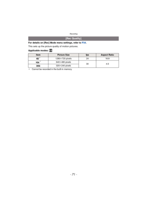 Page 71- 71 -
Recording
For details on [Rec] Mode menu settings, refer to P34.
This sets up the picture quality of motion pictures.
Applicable modes: 
n
¢ Cannot be recorded in the built-in memory.
[Rec Quality]
ItemPicture SizefpsAspect Ratio¢1280k 720 pixels 2416:9¢640k480 pixels
304:3
320 k240 pixels 