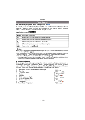Page 73- 73 -
Recording
For details on [Rec] Mode menu settings, refer to P34.
In sunlight, under incandescent lights or in ot her such conditions where the color of white 
takes on a reddish or bluish tinge, this item adjusts to the color of white which is closest to 
what is seen by the eye in ac cordance with the light source.
Applicable modes: 
·¿n
Note
•The optimal White Balance will differ depending on the type of fluorescent lamp being recorded 
under so use [AWB] or [ Ó].
•The White Balance setting is...