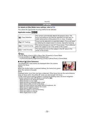 Page 75- 75 -
Recording
For details on [Rec] Mode menu settings, refer to P34.
This allows the appropriate focusing method to be selected.
Applicable modes: 
·¿
Note
•The AF Mode is fixed to [Ø ] in [Starry Sky], [Fireworks] in Scene Mode.•It is not possible to set [š] in the following cases.–In [Panorama Assist], [Night Scenery], [Food] or [Aerial Photo] in Scene Mode.
∫About [ š] (Face Detection)
The following AF area frames are displayed when the camera 
detects the faces.
Yellow:
When the shutter button is...