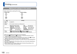 Page 108108   VQT3H43VQT3H43   109
Printing (Continued) 
Viewing on TV screen
 Making print settings on the camera
(Make settings before selecting [Print start])
Select itemSelect setting
ItemSettings
[Print with 
Date] [ON]/[OFF]
[Num.of 
prints] Set number of pictures (up to 999 pictures)
[Paper Size]
 (printer takes priority)
[L/3.5”×5”]    (89×127 mm)
[2L/5”×7”]     (127×178 mm)
[POSTCARD]  (100×148 mm)
[16:9]          (101.6×180.6 mm)
[A4]             (210 ×297 mm) [A3]            (297×420 mm)
[10×15 cm]...