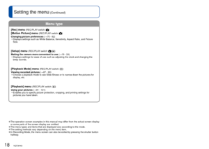 Page 1818   VQT3H43VQT3H43   19
 
Using the [Setup] menu
Setting the menu (Continued)
Menu type
[Rec] menu (REC/PLAY switch: )
[Motion Picture] menu (REC/PLAY switch: )
Changing picture preferences (→70 - 82)  • Displays settings such as White Balance, Sensitivity, Aspect Ratio, and Picture Size.
[Setup] menu (REC/PLAY switch:  )
Making the camera more convenient to use (→19 - 24)  • Displays settings for ease of use such as adjusting the clock and changi\
ng the beep sounds.
[Playback Mode] menu (REC/PLAY...